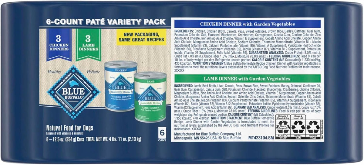 Blue Buffalo Homestyle Recipe Lamb Adult Wet Dog Food, 12.5 oz, 12 ct | Lamb Dinner with Garden Vegetables, No Chicken By-Product, Corn, Wheat, or Soy