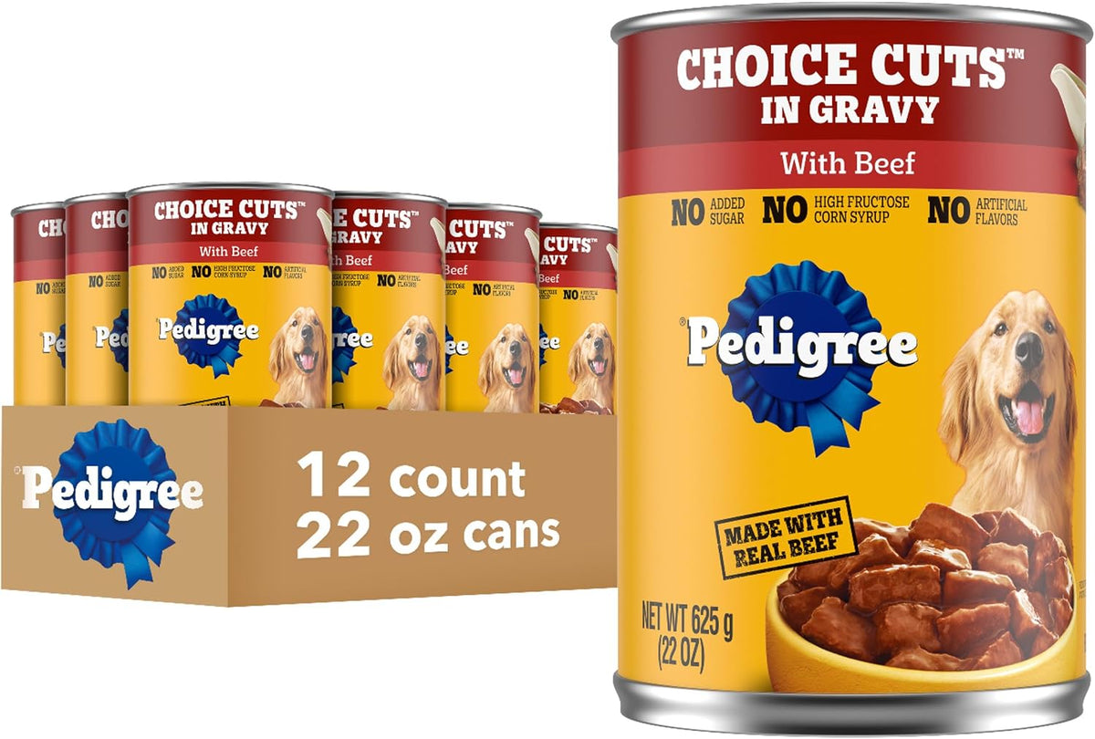 Pedigree Choice Cuts In Gravy Adult Canned Soft Wet Dog Food With Beef, 22 oz. Cans (12 Count, Pack of 1) | Beef in gravy, lean muscle support, 50%+ water for hydration, topper or complete meal for adult dogs, no-mess easy-open cans