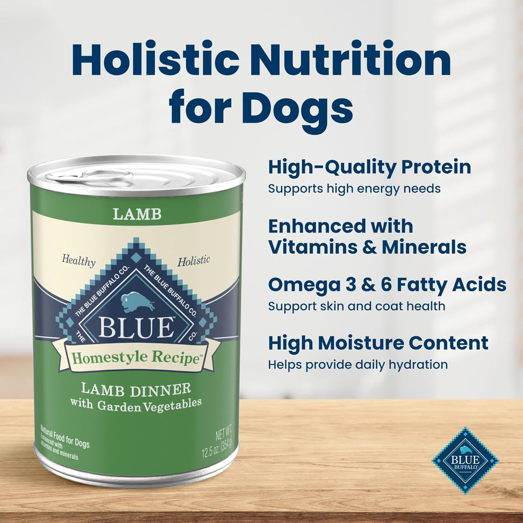 Blue Buffalo Homestyle Recipe Lamb Adult Wet Dog Food, 12.5 oz, 12 ct | Lamb Dinner with Garden Vegetables, No Chicken By-Product, Corn, Wheat, or Soy