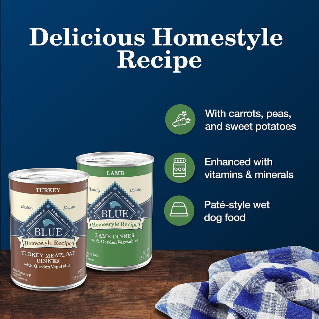 Blue Buffalo Homestyle Recipe Lamb Adult Wet Dog Food, 12.5 oz, 12 ct | Lamb Dinner with Garden Vegetables, No Chicken By-Product, Corn, Wheat, or Soy