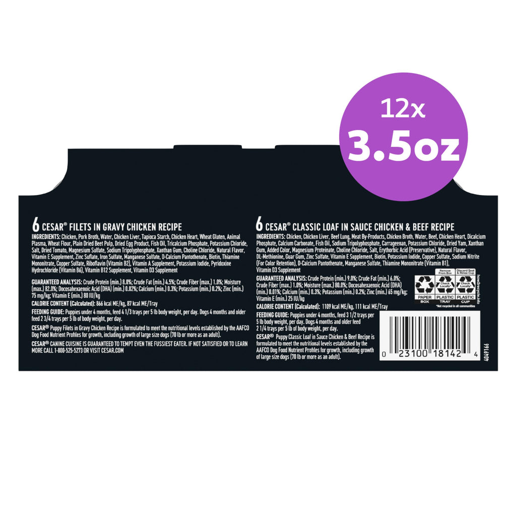Cesar Classic Loaf in Sauce Wet Dog Food, Meaty Selects, 3.5 oz, 24 Count | Made in USA, Real beef or chicken #1 ingredient, no fillers or artificial flavors, slow-cooked, easy peel trays