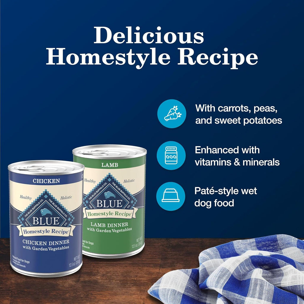 Blue Buffalo Homestyle Recipe Lamb Adult Wet Dog Food, 12.5 oz, 12 ct | Lamb Dinner with Garden Vegetables, No Chicken By-Product, Corn, Wheat, or Soy