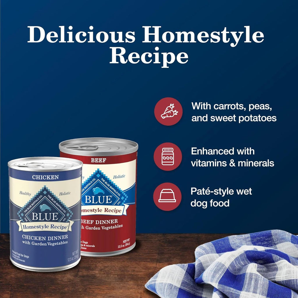 Blue Buffalo Homestyle Recipe Lamb Adult Wet Dog Food, 12.5 oz, 12 ct | Lamb Dinner with Garden Vegetables, No Chicken By-Product, Corn, Wheat, or Soy