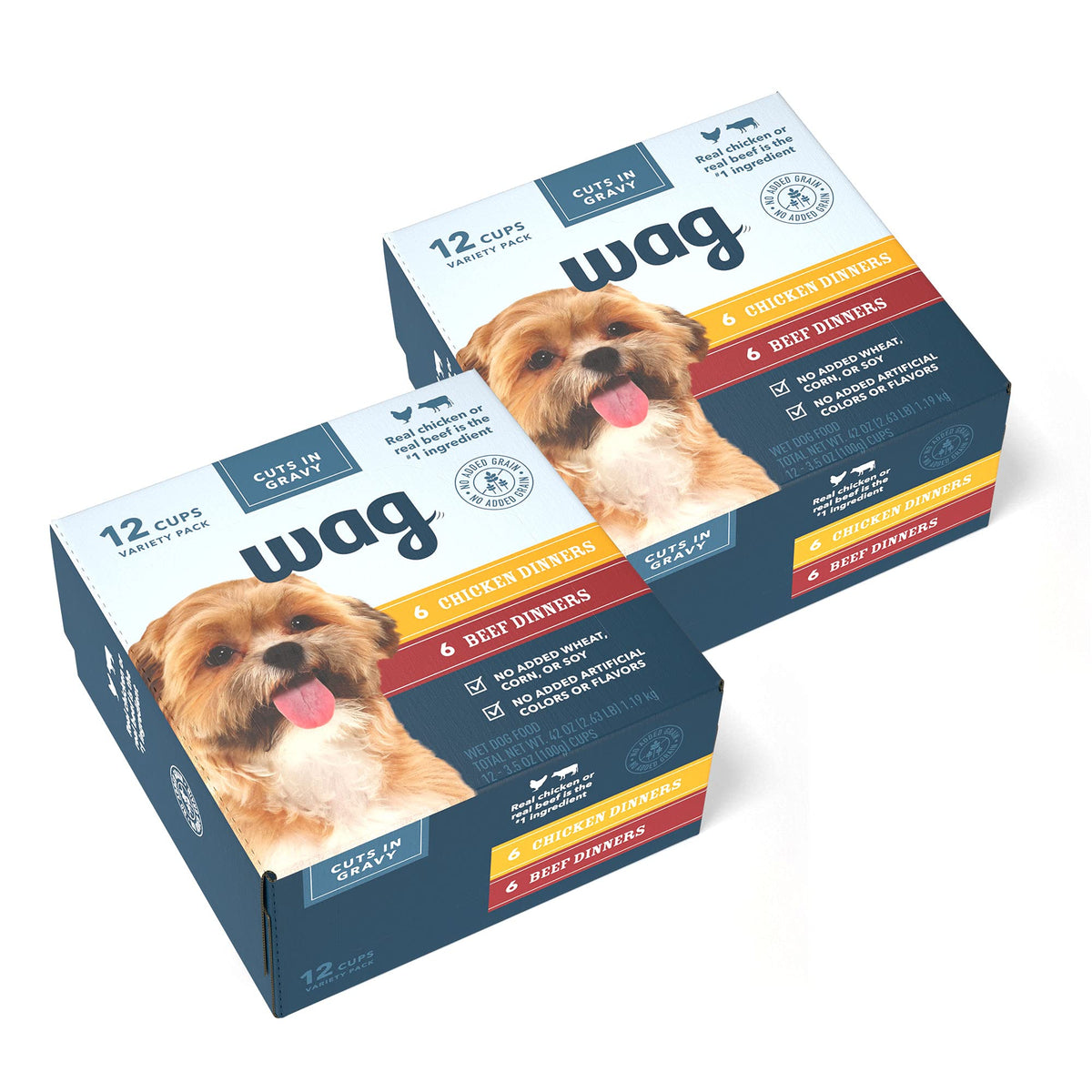 Amazon Brand – Wag Wet Dog Food Cups, Chicken & Beef in Gravy Variety Pack, 3.5oz, 12 pack