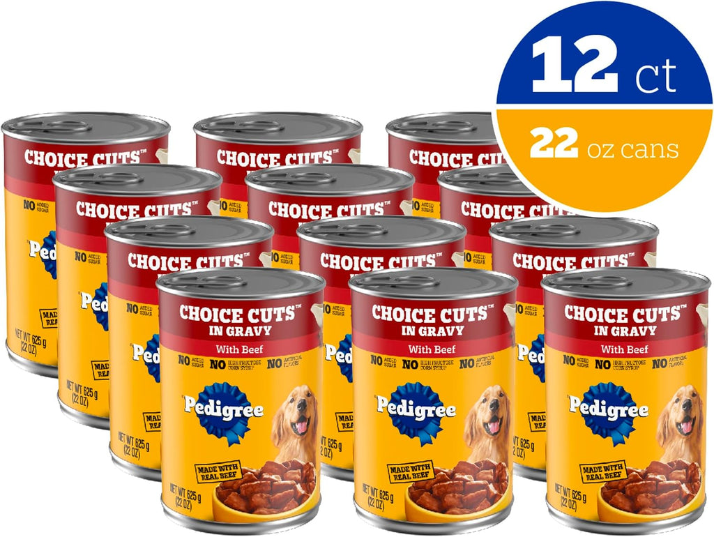 Pedigree Choice Cuts In Gravy Adult Canned Soft Wet Dog Food With Beef, 22 oz. Cans (12 Count, Pack of 1) | Beef in gravy, lean muscle support, 50%+ water for hydration, topper or complete meal for adult dogs, no-mess easy-open cans
