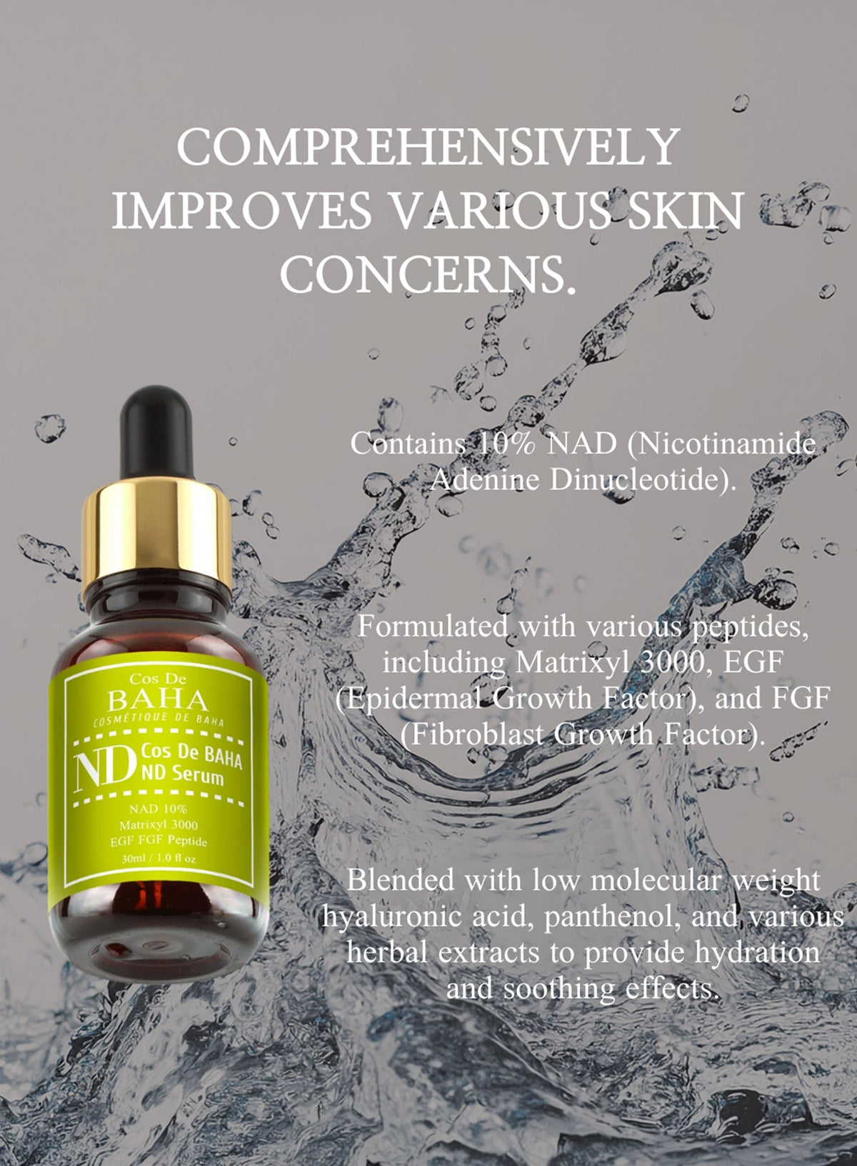 NAD 10% Matrixyl 3000 EGF FGF Peptide Hyaluronic Acid Serum 30ml (ND)
